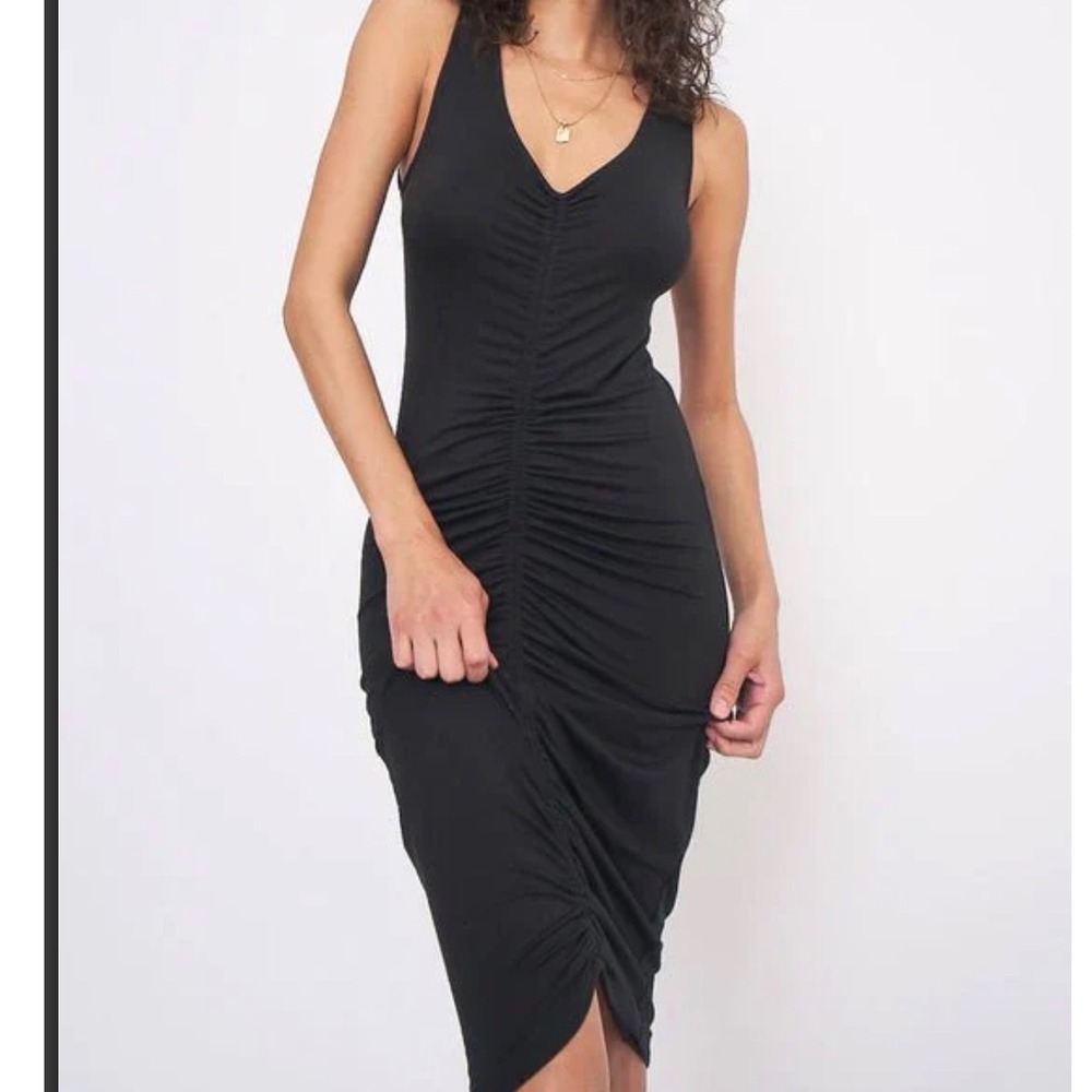 Project Social T Ruched Black Midi Dress V Neck Bodycon Made in USA